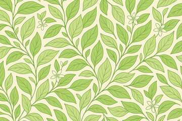 Fototapeta premium Seamless Elegant Green Leaf Pattern with Delicate Flowers on Light Background
