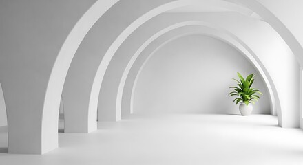 Modern white hallway with arched openings and a potted plant