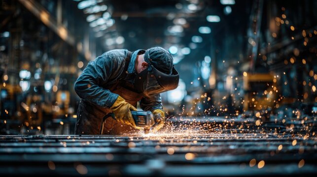 Focused man in safety gear using an angle grinder on metal, creating bright sparks in an industrial workshop environment. - Powered by Adobe
