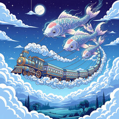 Sky Train Pulled by Giant Koi Fish