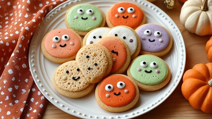 Obraz premium Halloween Decorated Cookies on a Plate with Small Pumpkins, Festive Treats