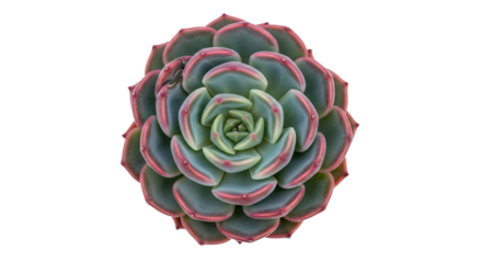 A beautiful echeveria succulent plant with green blue leaves and pink edges forms a geometric rosette pattern