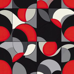 A seamless pattern of circles and half-circular shapes in red, gray, and black on a dark background
