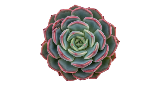 A beautiful echeveria succulent plant with green blue leaves and pink edges forms a geometric rosette pattern