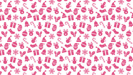 A cheerful pattern features a variety of Christmas icons, including Santa, snowmen, gift, and ornaments, all in vibrant pink against a white background, creating a playful design for festive occasion.