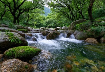 Obraz premium waterfall in the forest with green trees and white water, flowing down from top to bottom, sunlight shining on it