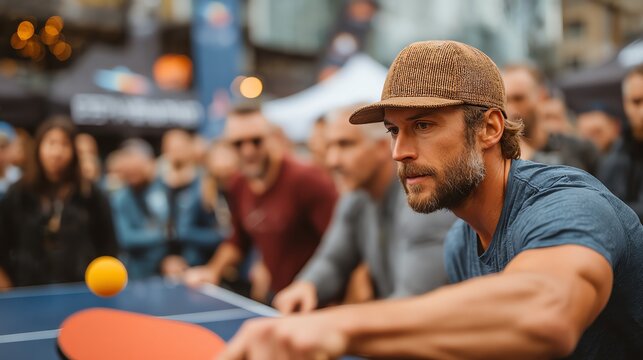 Focused Man Playing Ping Pong Outdoors with Spectators in Background - Powered by Adobe