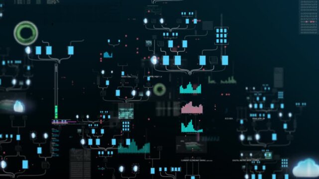 Futuristic dashboard with high-tech nodes, real-time graphs, and streaming data in a blue interface, visualizing global digital infrastructure.