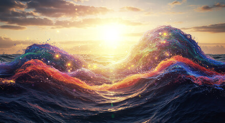 Vibrant, swirling waves bathed in golden sunlight, a dazzling ocean spectacle with a touch of magic.