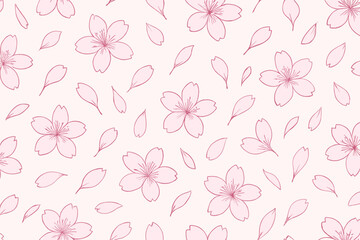 Beautiful floral pattern of pink cherry blossoms and petals on a soft pastel background
