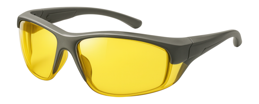 Pair of yellow tinted safety glasses with UV protection