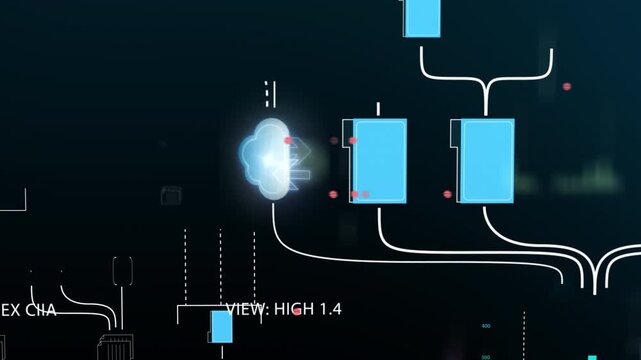 High-tech data streaming layout with folder hierarchies and glowing cloud nodes, representing real-time information networks.