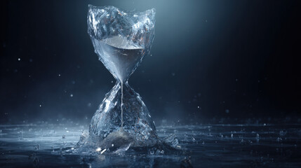 classic hourglass with golden sand suspended mid-air above mirror surreal frozen time concept no numbers illustration concept scene visual for commercial design use high detail quality stock image ill