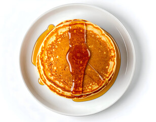 Stack of Golden Pancakes Drizzled with Syrup on a White Plate Isolated Against White Background