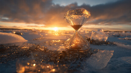 classic hourglass with golden sand suspended mid-air above mirror surreal frozen time concept no numbers illustration concept scene visual for commercial design use high detail quality stock image ill