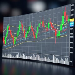Stock Market Analysis - Candlestick Chart on Curved Screen.