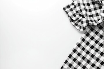 Black and white checkered tablecloth on right side empty background top view flat lay with space for text or design template