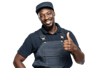 Smiling man in overalls and cap showing thumbs up