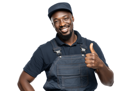 Smiling man in overalls and cap showing thumbs up