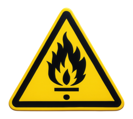 Yellow triangular fire hazard warning sign with flame and exclamation mark icon