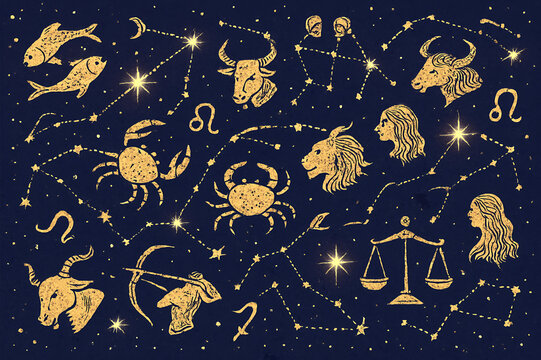 Golden zodiac constellations and astrological symbols shimmering against a dark starry night sky background - Powered by Adobe
