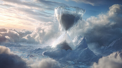 classic hourglass with golden sand suspended mid-air above mirror surreal frozen time concept no numbers illustration concept scene visual for commercial design use high detail quality stock image ill