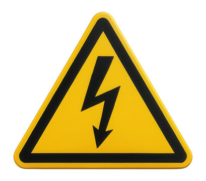 Yellow triangular hazardous voltage warning sign with voltage icon