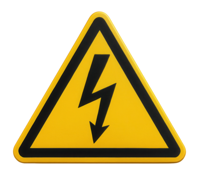 Yellow triangular hazardous voltage warning sign with voltage icon
