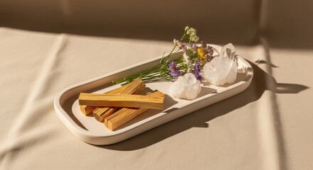 Palo santo sticks, healing crystals and wildflowers on ceramic tray in natural sunlight, minimalist boho scene for meditation, energy cleansing and spiritual wellness