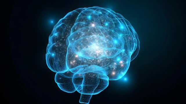 A brain with many stars and dots. The brain is blue. Clean minimal infographic of gut and brain connection with glowing particle icons, gut brain axis blue teal style