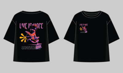 A stylish black t-shirt mockup featuring a vibrant, retro-inspired graphic design with a cherubic figure and motivational text, perfect for urban fashion brands.