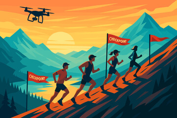 Fototapeta premium Mountain trail race scene with runners passing checkpoints and a drone capturing the action at sunset