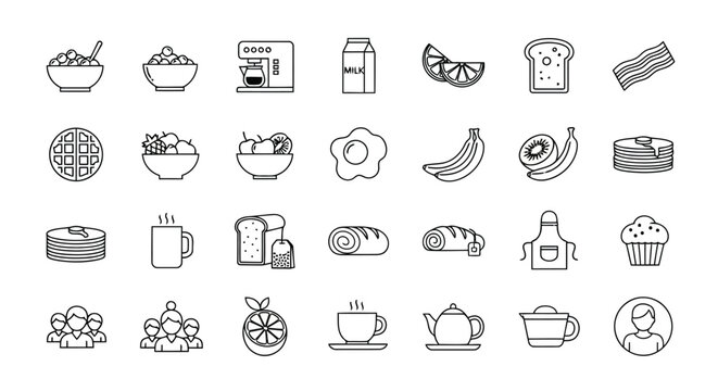 Black and white line art of breakfast food and drink isolated on white