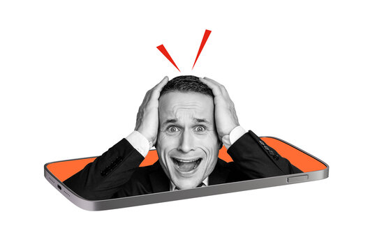 Composite photo collage of panic man peek phone screen shocked news fake information social media surprise isolated on painted background