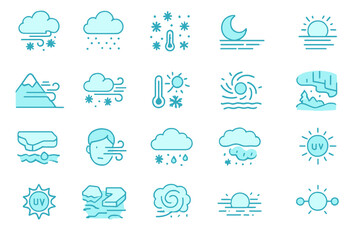 Weather and climate icons including clouds, UV rays, snow, wind, temperature, and various weather conditions