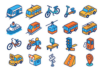 Obraz premium Illustration of diverse transportation modes such as trains, taxis, bicycles, and more in a vibrant infographic style