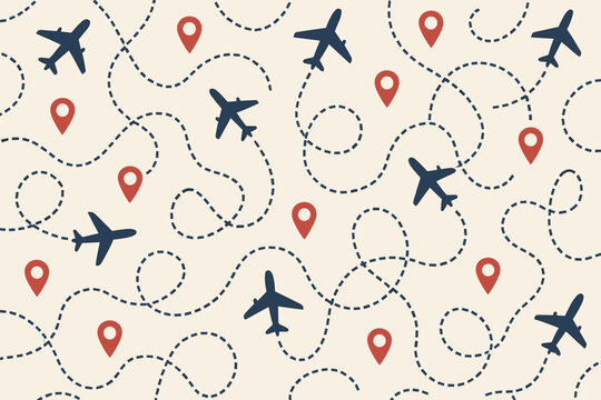 Seamless Pattern of Airplanes with Dotted Flight Paths and Red Map Pins on Beige Background