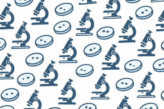 Repeating pattern featuring scientific microscopes and buttons on a light background