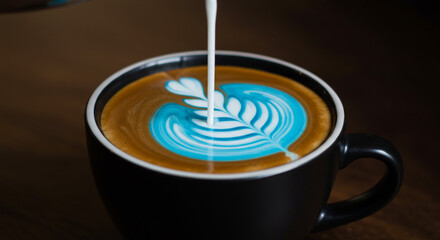 Savor the artistry of latte perfection with vibrant blue milk poured into rich coffee.