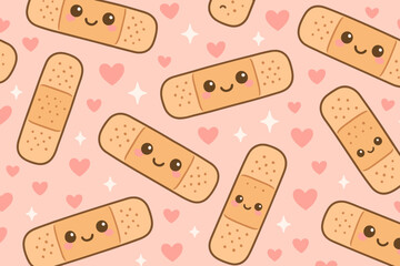 Cute seamless pattern with kawaii bandages, smiling faces, hearts, and sparkles on pastel pink background