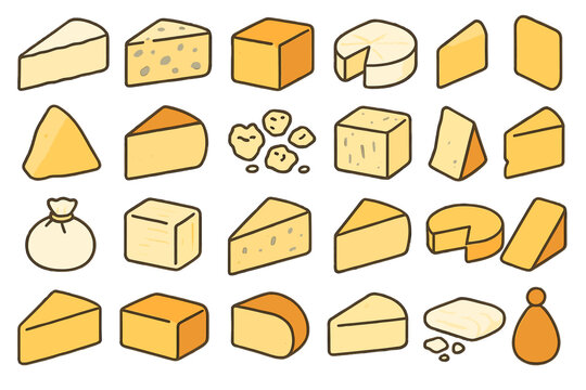 Hand-drawn cheese icon collection showcasing various cheese types including wedges, cubes, wheels, and crumbles on brown background