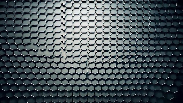 Black metallic hexagonal pattern background with shiny reflective geometric texture creating futuristic abstract look