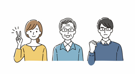 Diverse group expressing different emotions: happy peace sign, calm smile, and determined fist pump