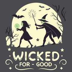 Fototapeta premium Illustration of witches casting spells under a full moon with bats and stars, a halloween theme