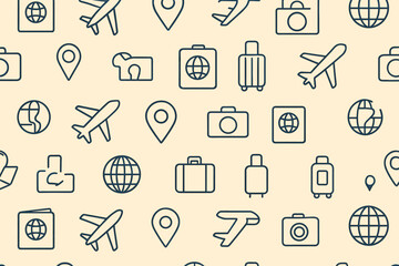 Naklejka premium Seamless Pattern of Travel Icons with Airplanes, Luggage, Passports, Cameras, and Globes on Beige Background