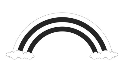 Rainbow with clouds 2D line object. Black and white nature arch. 70s happy weather symbol. Funky spectrum. Optical phenomenon isolated clipart vector ink outline item. Monochrome spot illustration