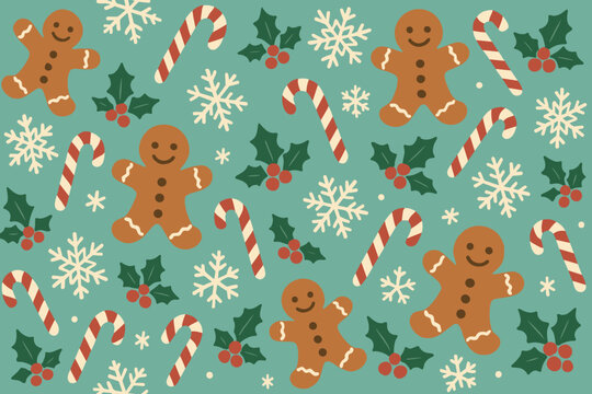 Seamless festive pattern with gingerbread men, candy canes, snowflakes, and holly on green background