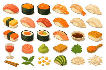 Hand-drawn sushi and Japanese food icon set with nigiri, rolls, condiments, and traditional garnishes