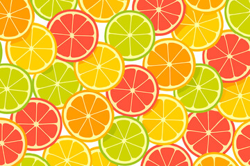 Seamless citrus fruit slice pattern with grapefruit, lemon, lime, and orange in vivid colors, tropical summer background for food and design themes