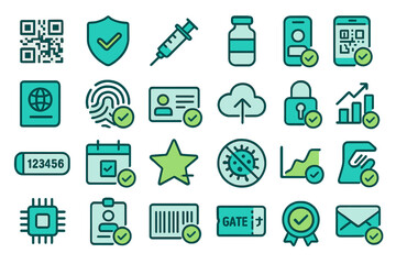 Digital health and security verification icon set with modern flat design, vaccine, ID, QR code, biometric, and secure data symbols